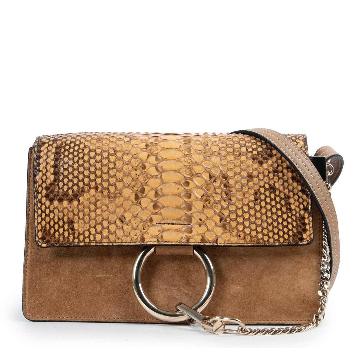 Shop safe online 100% authentic second hand Chloé Cognac Suede Python Small Faye Crossbody Bag in very good condition at the right price at Labellov in Antwerp.