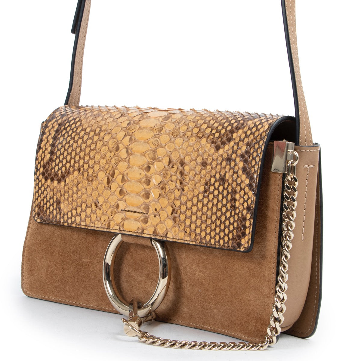 Shop safe online 100% authentic second hand Chloé Cognac Suede Python Small Faye Crossbody Bag in very good condition at the right price at Labellov in Antwerp.