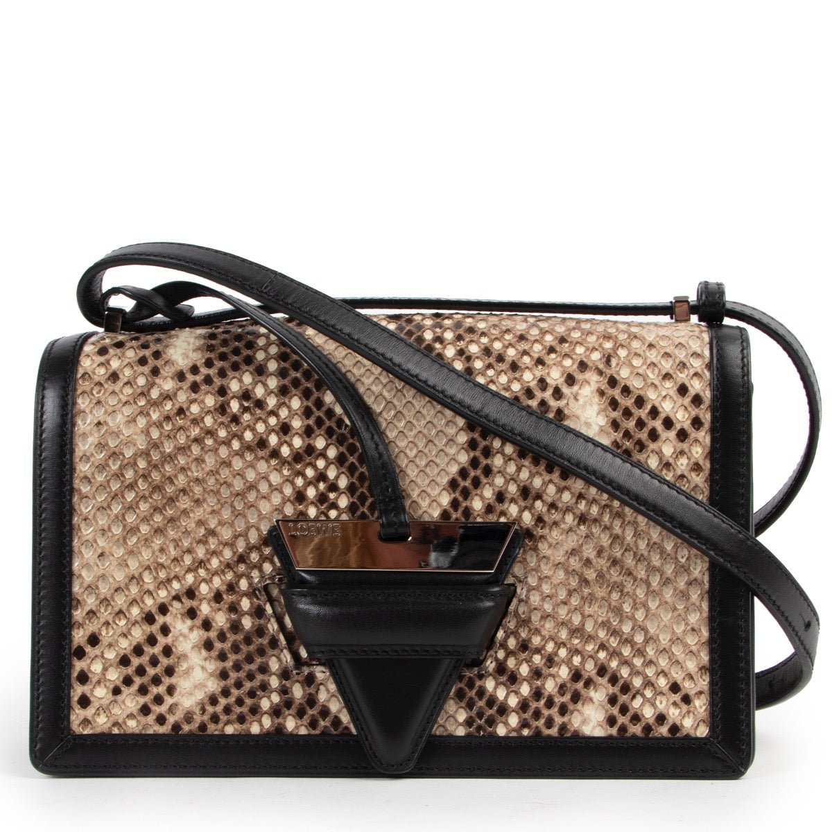 Shop safe online 100% authentic second hand Loewe Beige Python Barcelona Crossbody Bag in very good, excellent as new condition at Labellov in Antwerp.