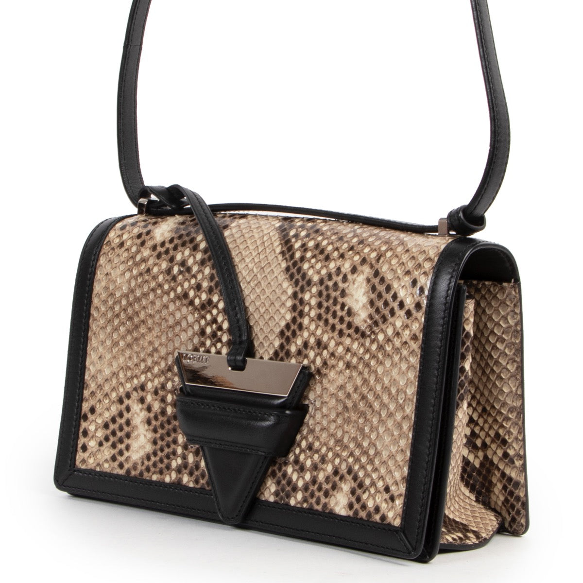 Shop safe online 100% authentic second hand Loewe Beige Python Barcelona Crossbody Bag in very good, excellent as new condition at Labellov in Antwerp.