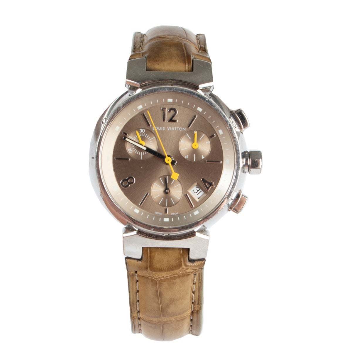 Shop safe online 100% authentic second hand Louis Vuitton Olive Green Leather Tambour Watch in very good, excellent condition at the right price at Labellov in Antwerp.