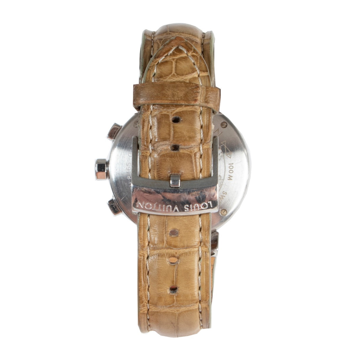 Shop safe online 100% authentic second hand Louis Vuitton Olive Green Leather Tambour Watch in very good, excellent condition at the right price at Labellov in Antwerp.