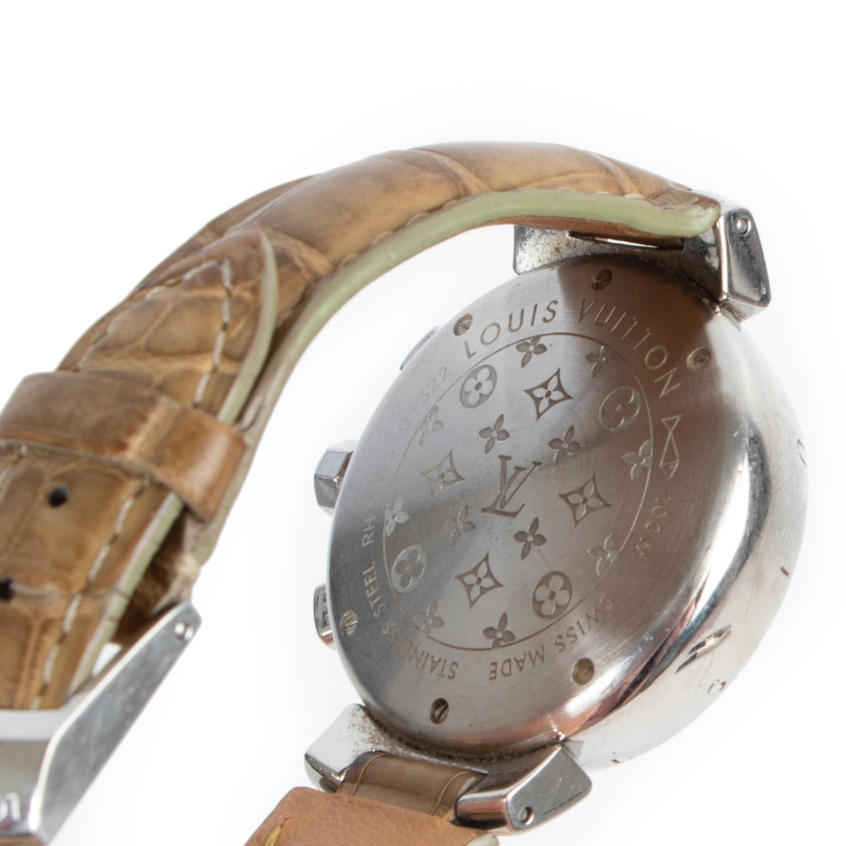 Shop safe online 100% authentic second hand Louis Vuitton Olive Green Leather Tambour Watch in very good, excellent condition at the right price at Labellov in Antwerp.