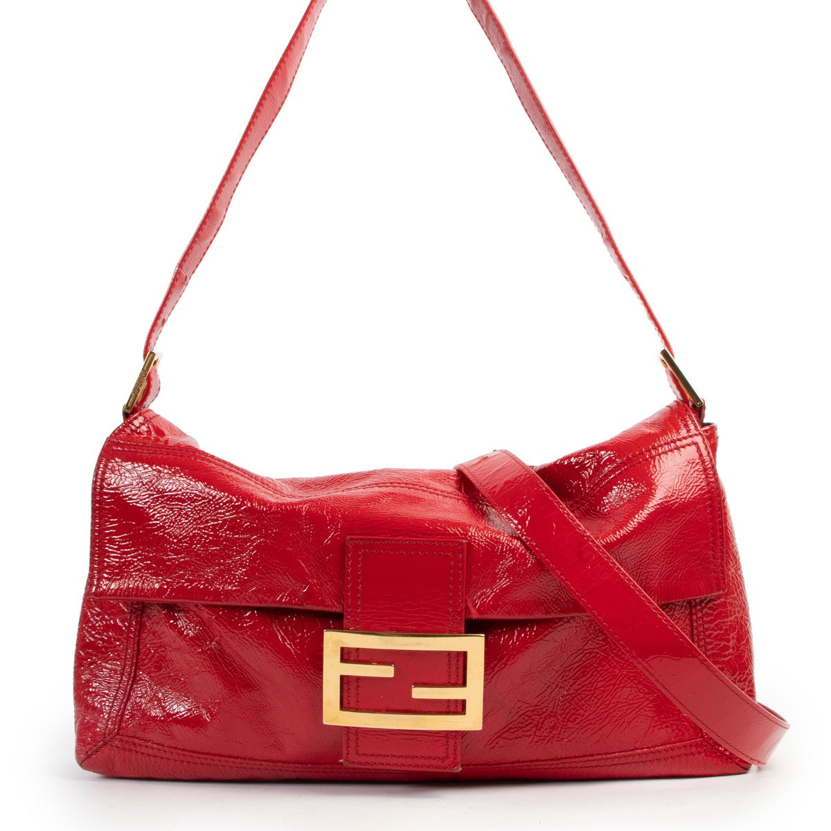 Shop safe online 100% authentic second hand Fendi Red Patent Leather Large Baguette Shoulder Bag in very good condition at the right price at Labellov in Antwerp.