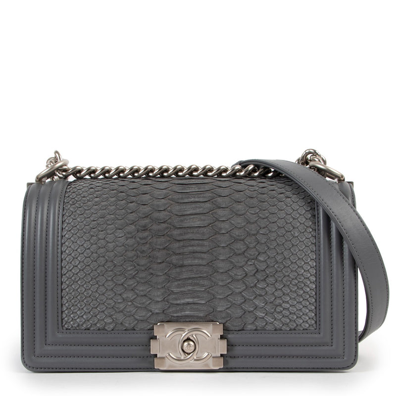 Shop online authentic second hand designer Chanel Grey Python Medium Boy Flap Bag at Labellov