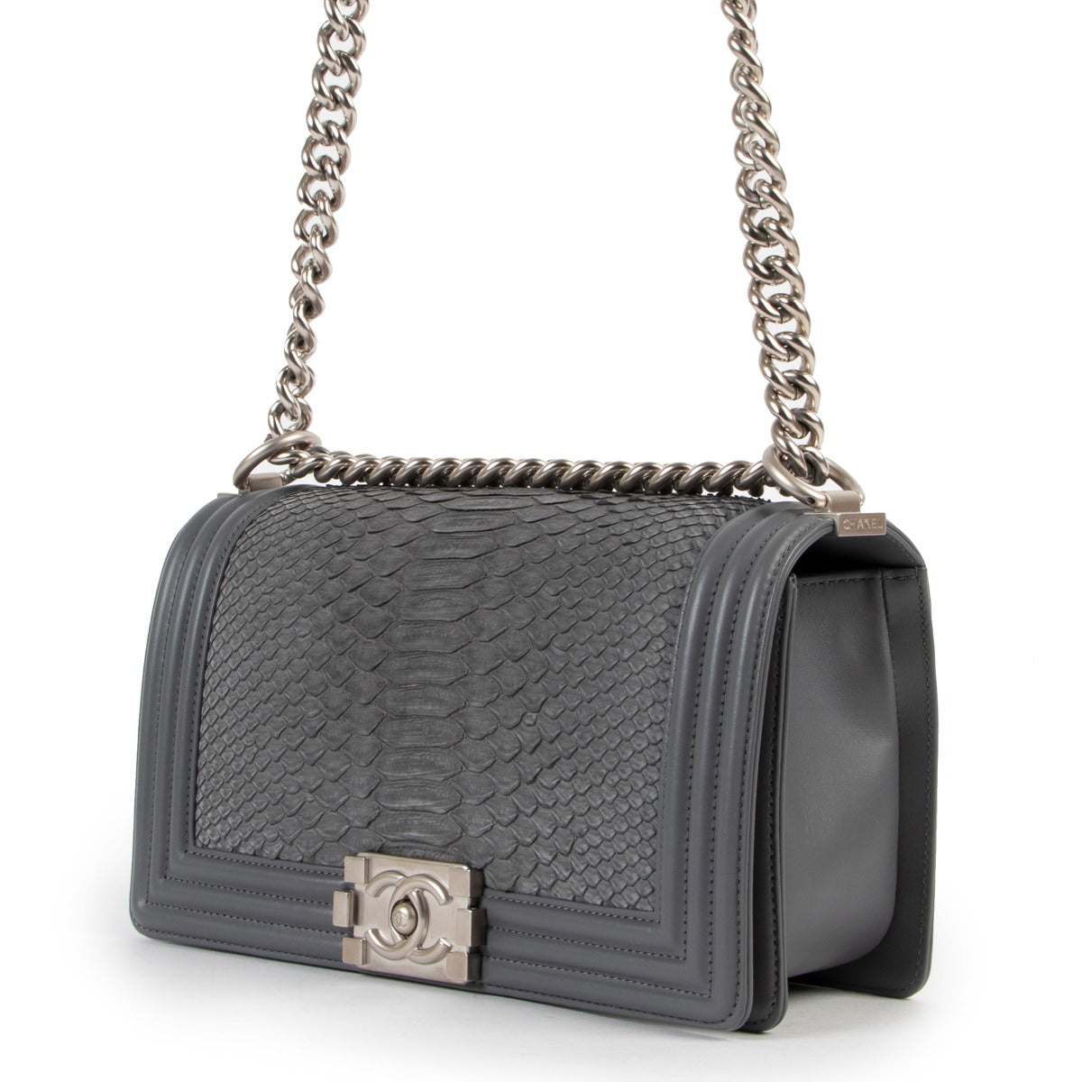 Shop online authentic second hand designer Chanel Grey Python Medium Boy Flap Bag at Labellov