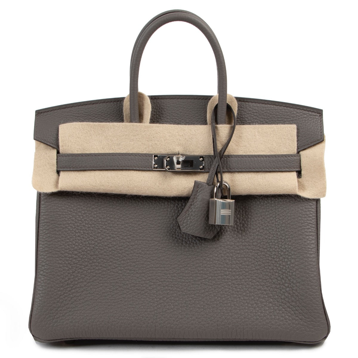 Shop safe online 100% authentic second hand 100% authentic Hermès Birkin 25 Togo Gris Etain PHW in brand new condition at Labellov in Antwerp.