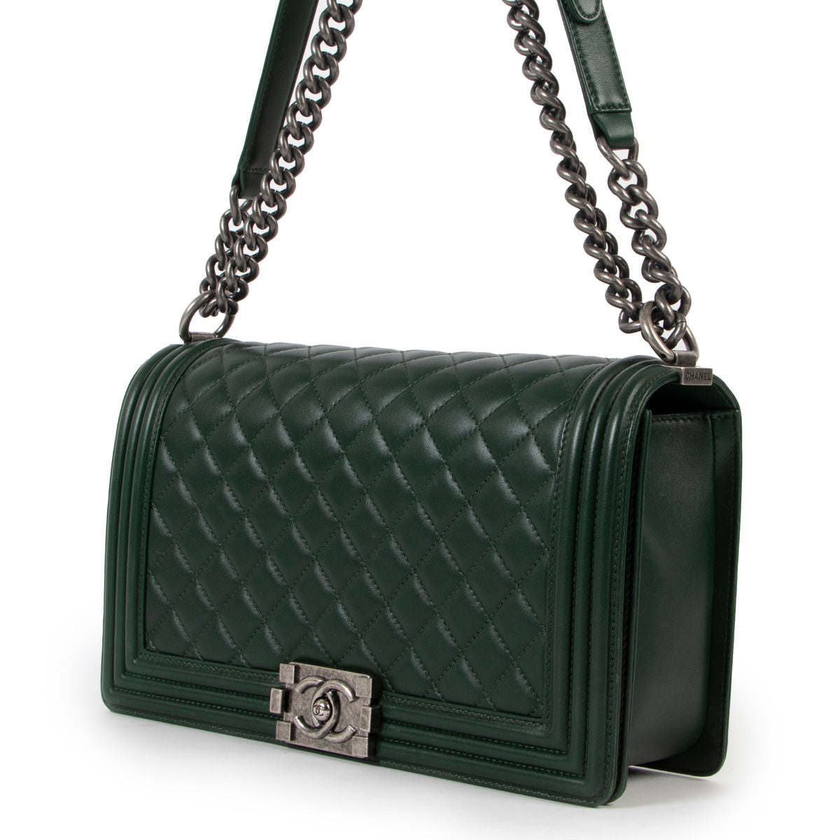 Chanel Green New Medium Boy Bag in a lovely dark green color soft lambskin leather available exclusively at Labellov