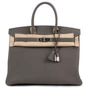 Shop safe online at Labellov in Antwerp this 100% authentic second hand Hermès Birkin 35 Togo Gris Etain PHW in brand new condition.