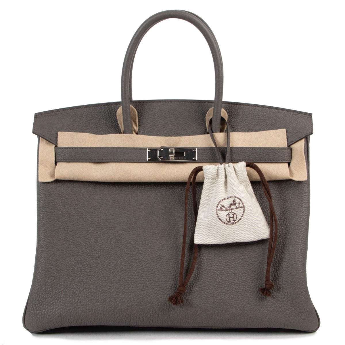 Shop safe online at Labellov in Antwerp this 100% authentic second hand Hermès Birkin 35 Togo Gris Etain PHW in brand new condition.