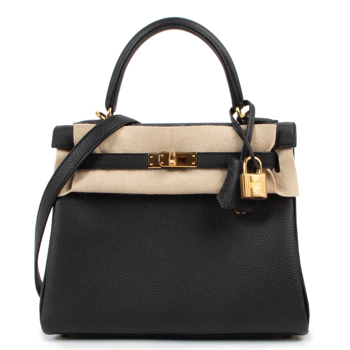 Shop safe online at Labellov in Antwerp this 100% authentic second hand Hermès Kelly 25 Retourne Noir Togo GHW