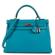 Authentic second hand Hermès Kelly 32 Retourne Bleu Jean Swift Palladium Hardware at Labellov.com