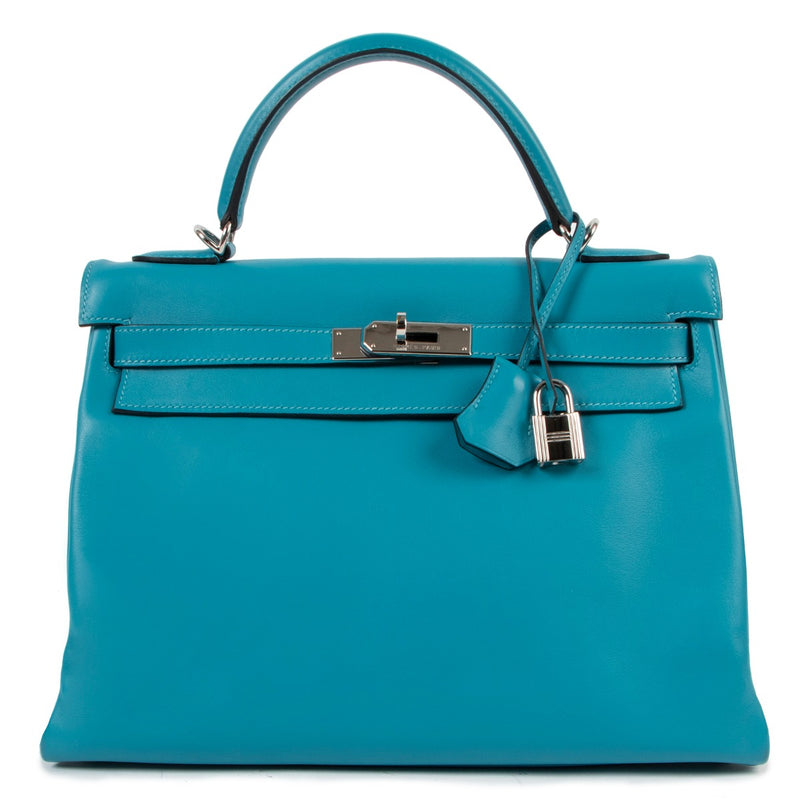 Authentic second hand Hermès Kelly 32 Retourne Bleu Jean Swift Palladium Hardware at Labellov.com