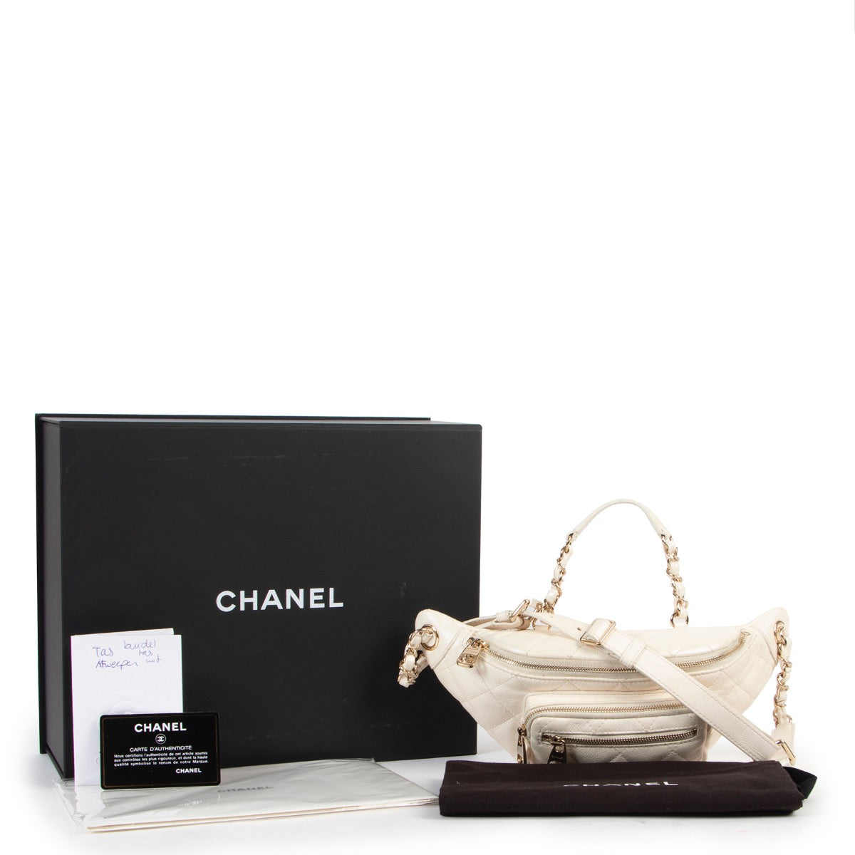 Shop safe online 100% authentic second hand Chanel White Iridescent Calfskin Quilted All About Waist Belt Bag in very good condition at Labellov in Antwerp.