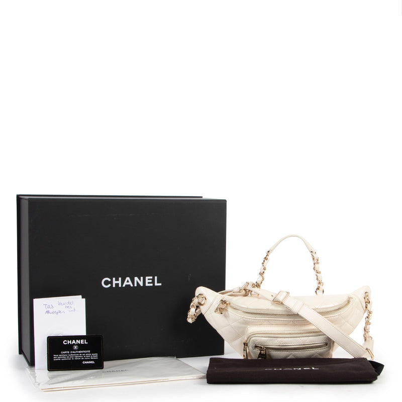 Shop safe online 100% authentic second hand Chanel White Iridescent Calfskin Quilted All About Waist Belt Bag in very good condition at Labellov in Antwerp.