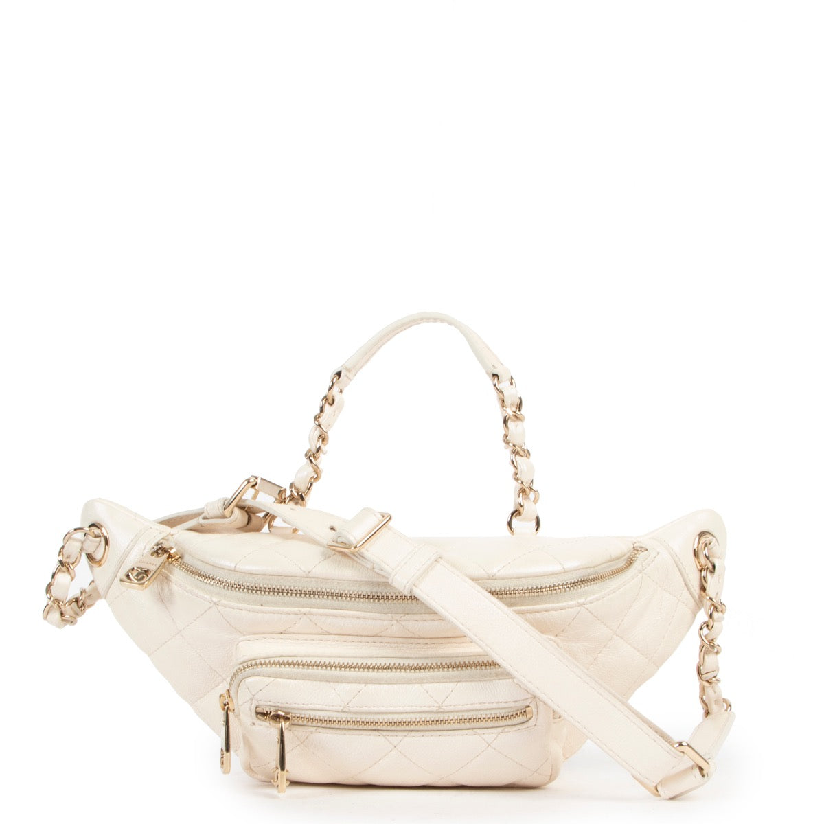 Shop safe online 100% authentic second hand Chanel White Iridescent Calfskin Quilted All About Waist Belt Bag in very good condition at Labellov in Antwerp.