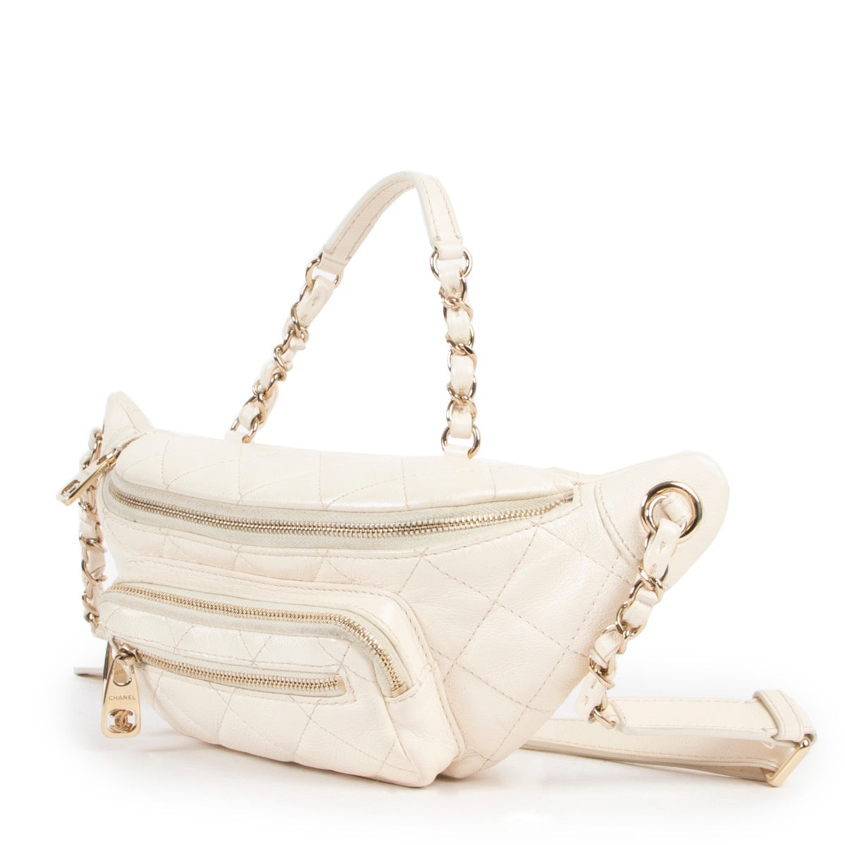 Shop safe online 100% authentic second hand Chanel White Iridescent Calfskin Quilted All About Waist Belt Bag in very good condition at Labellov in Antwerp.