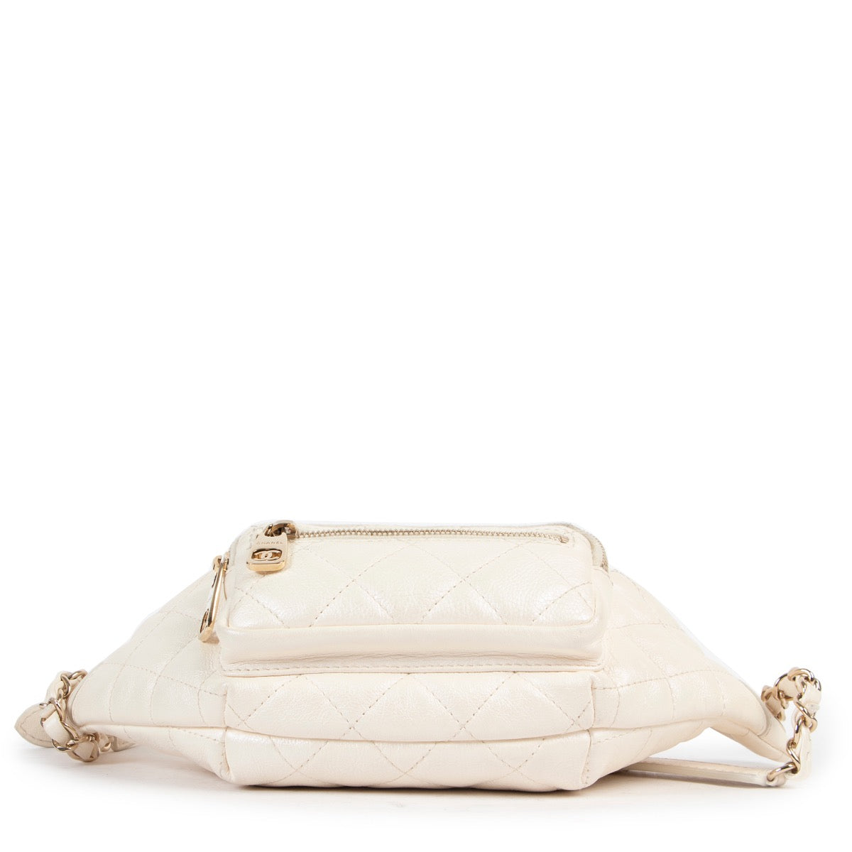 Shop safe online 100% authentic second hand Chanel White Iridescent Calfskin Quilted All About Waist Belt Bag in very good condition at Labellov in Antwerp.