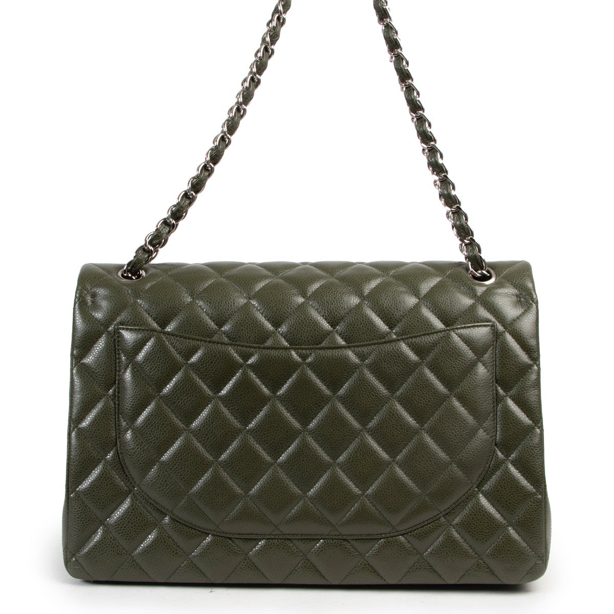 Shop safe online 100% authentic second hand Chanel Khaki Caviar Leather Maxi Classic Flap Bag in very good excellent condition at the right price at Labellov in Antwerp.