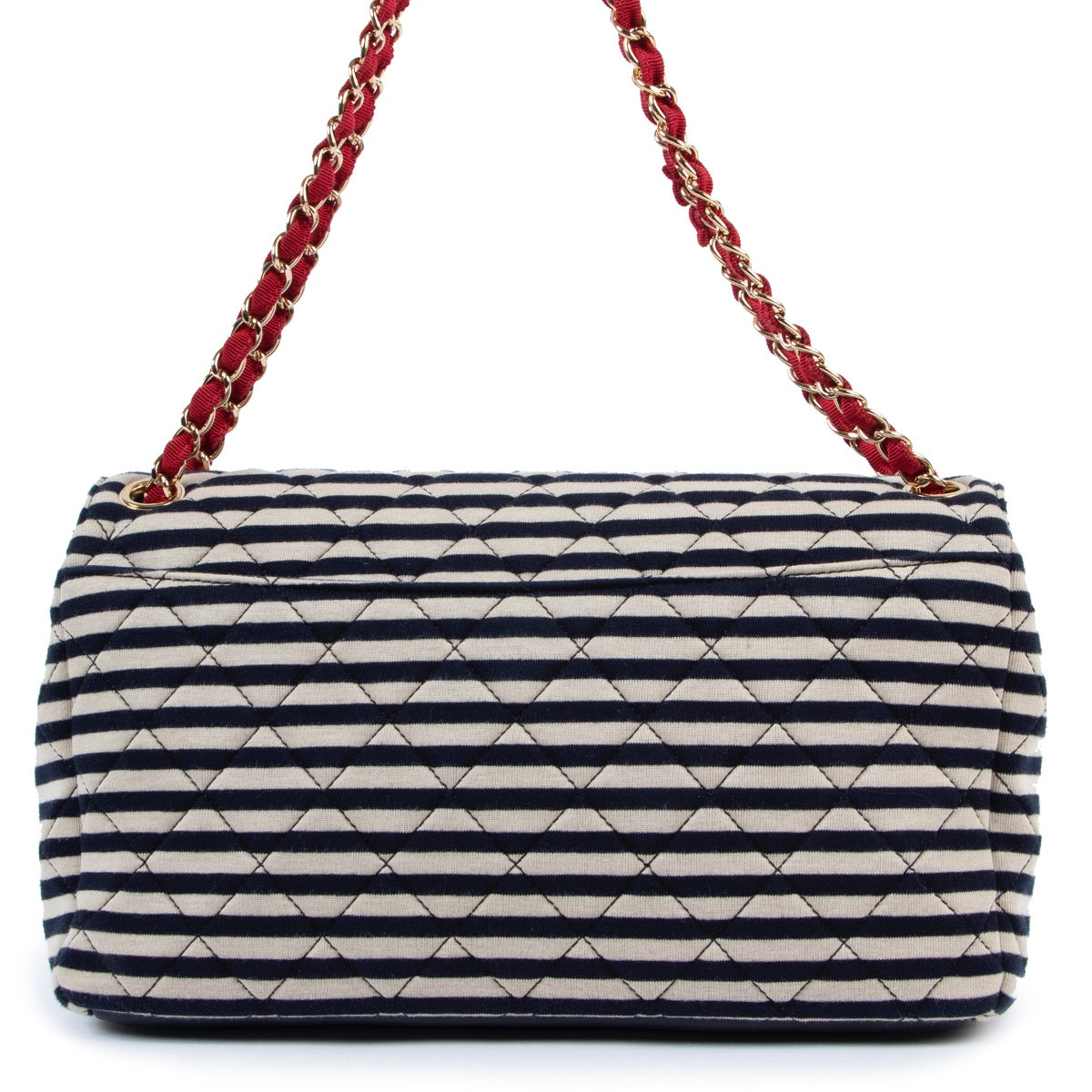 acheter en ligne seconde main Chanel Striped Quilted Jersey Fabric & Navy Lambskin Coco Sailor Jumbo Classic Single Flap Bag. shop safe online Chanel Striped Quilted Jersey Fabric & Navy Lambskin Coco Sailor Jumbo Classic Single Flap Bag.