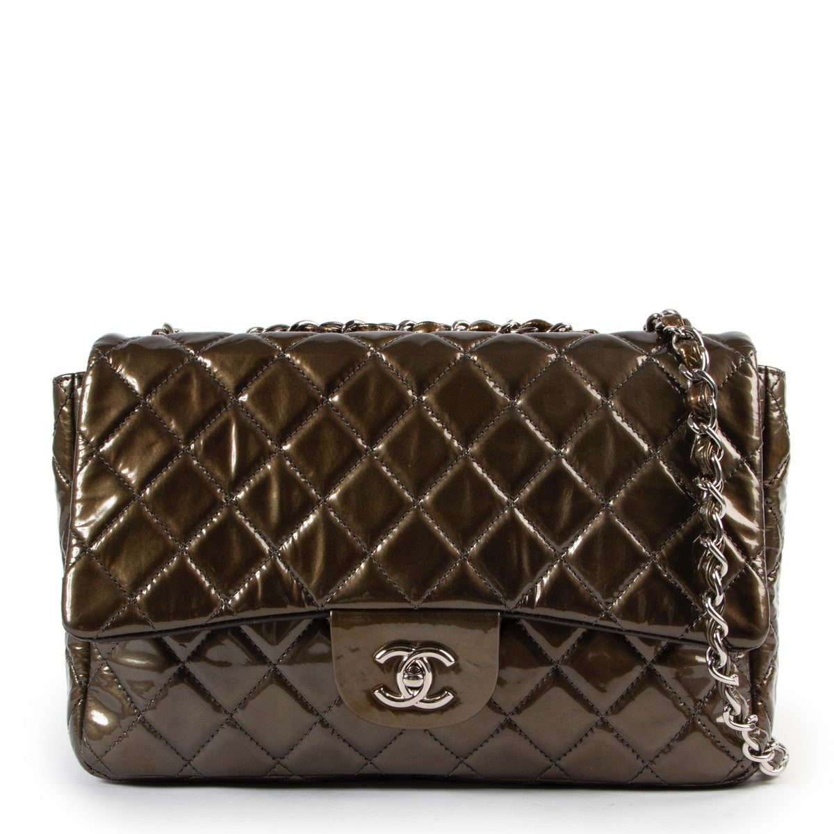 shop online authentic vintage second hand Chanel Olive Green Jumbo Classic Flap Patent Leather Handbag on Labellov