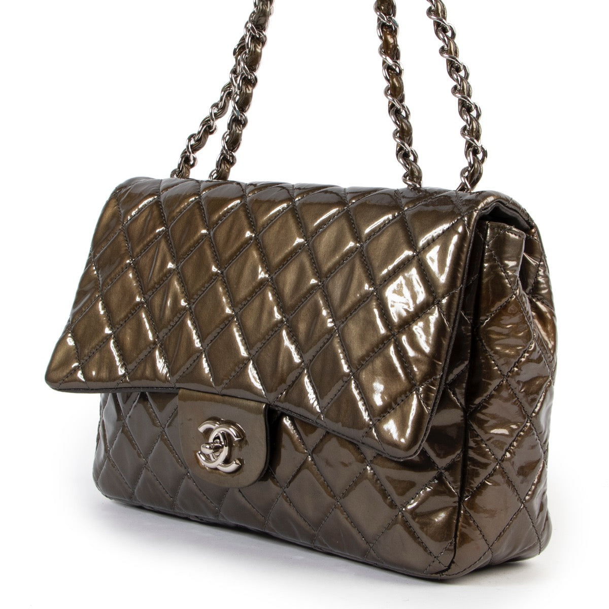 shop online authentic vintage second hand Chanel Olive Green Jumbo Classic Flap Patent Leather Handbag on Labellov