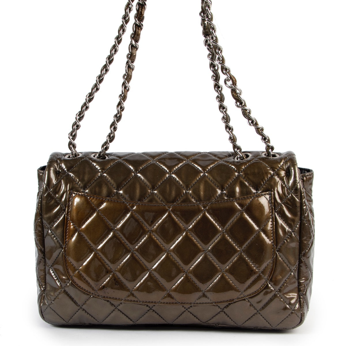 shop online authentic vintage second hand Chanel Olive Green Jumbo Classic Flap Patent Leather Handbag on Labellov