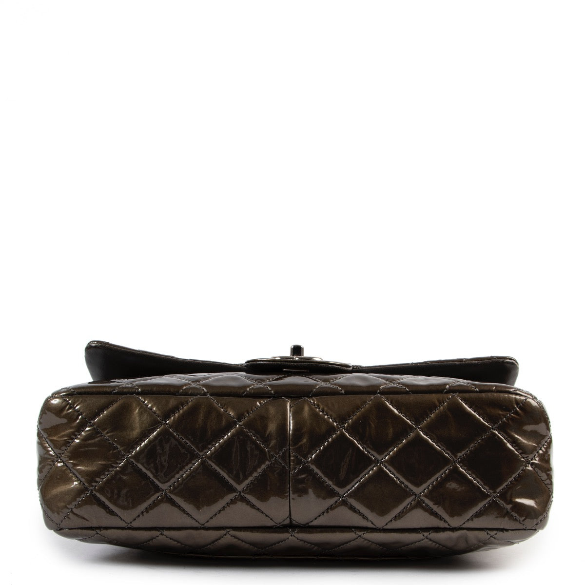 shop online authentic vintage second hand Chanel Olive Green Jumbo Classic Flap Patent Leather Handbag on Labellov