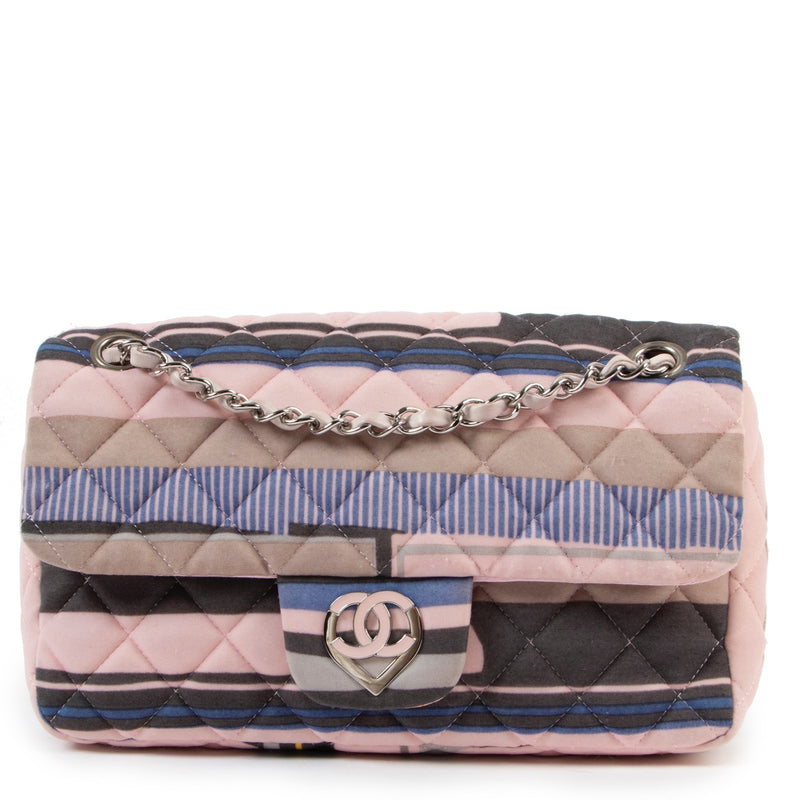 buy authentic second hand Chanel Cruise 2009 CC Heart Printed Jersey Medium Flap Bag at Labellov for the best price