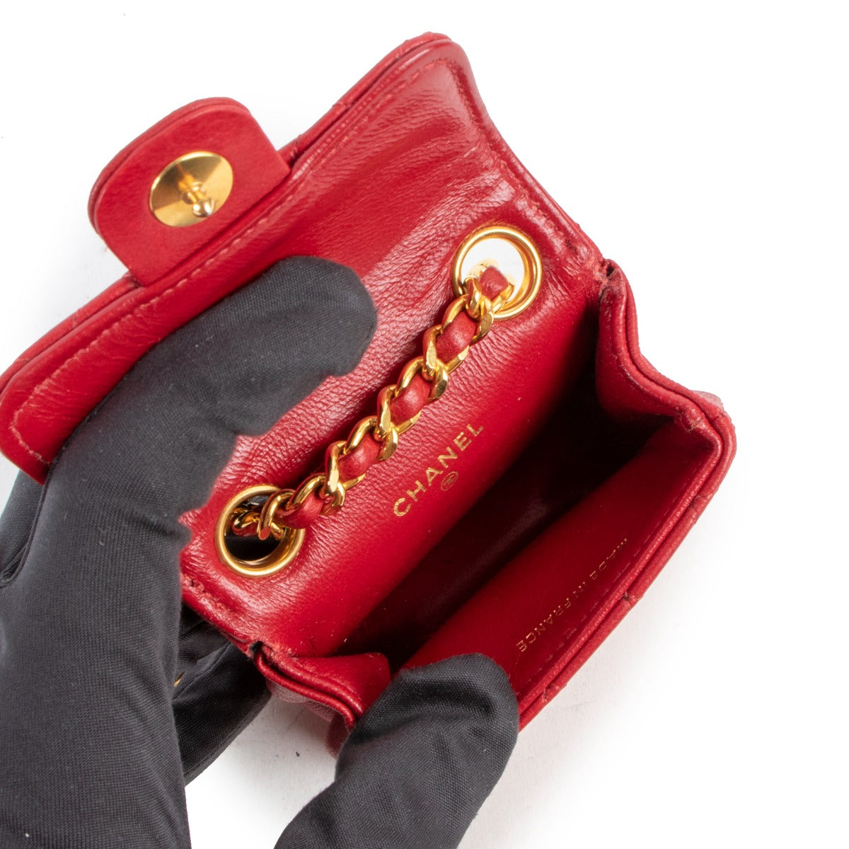 Chanel Vintage Red Quilted Lambskin 2-in-1 Micro Classic Flap Bag Chain Belt