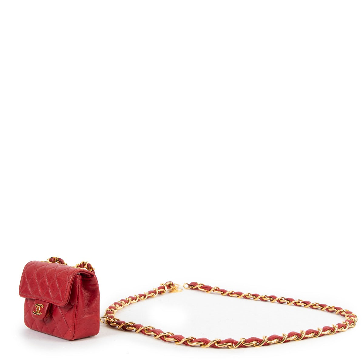 shop authentic second hand Chanel Vintage Red Quilted Lambskin 2-in-1 Micro Classic Flap Bag Chain Belt at labellov.com