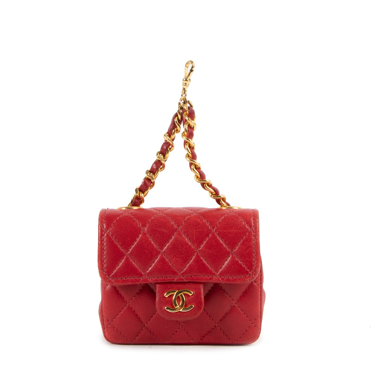 Chanel Vintage Red Quilted Lambskin 2-in-1 Micro Classic Flap Bag Chain Belt
