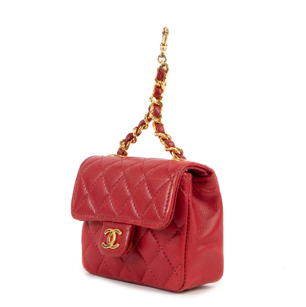 Chanel Vintage Red Quilted Lambskin 2-in-1 Micro Classic Flap Bag Chain Belt