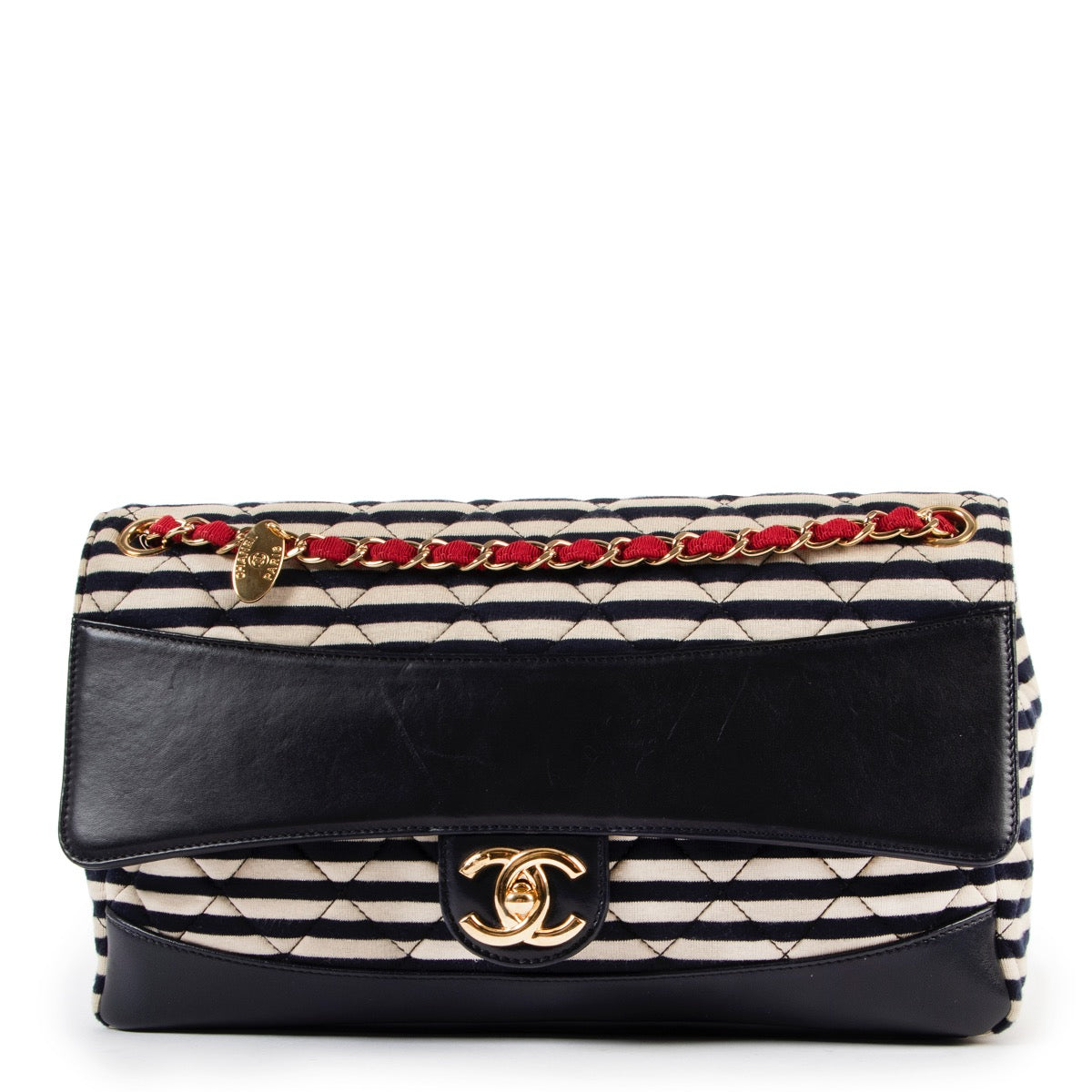 acheter en ligne seconde main Chanel Striped Quilted Jersey Fabric & Navy Lambskin Coco Sailor Jumbo Classic Single Flap Bag. shop safe online Chanel Striped Quilted Jersey Fabric & Navy Lambskin Coco Sailor Jumbo Classic Single Flap Bag.