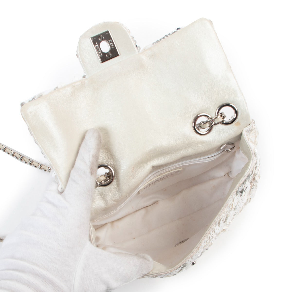 Shop authentic second hand luxury designer Chanel White Silver Sequin Mini Classic Flap Bag at Labellov.
