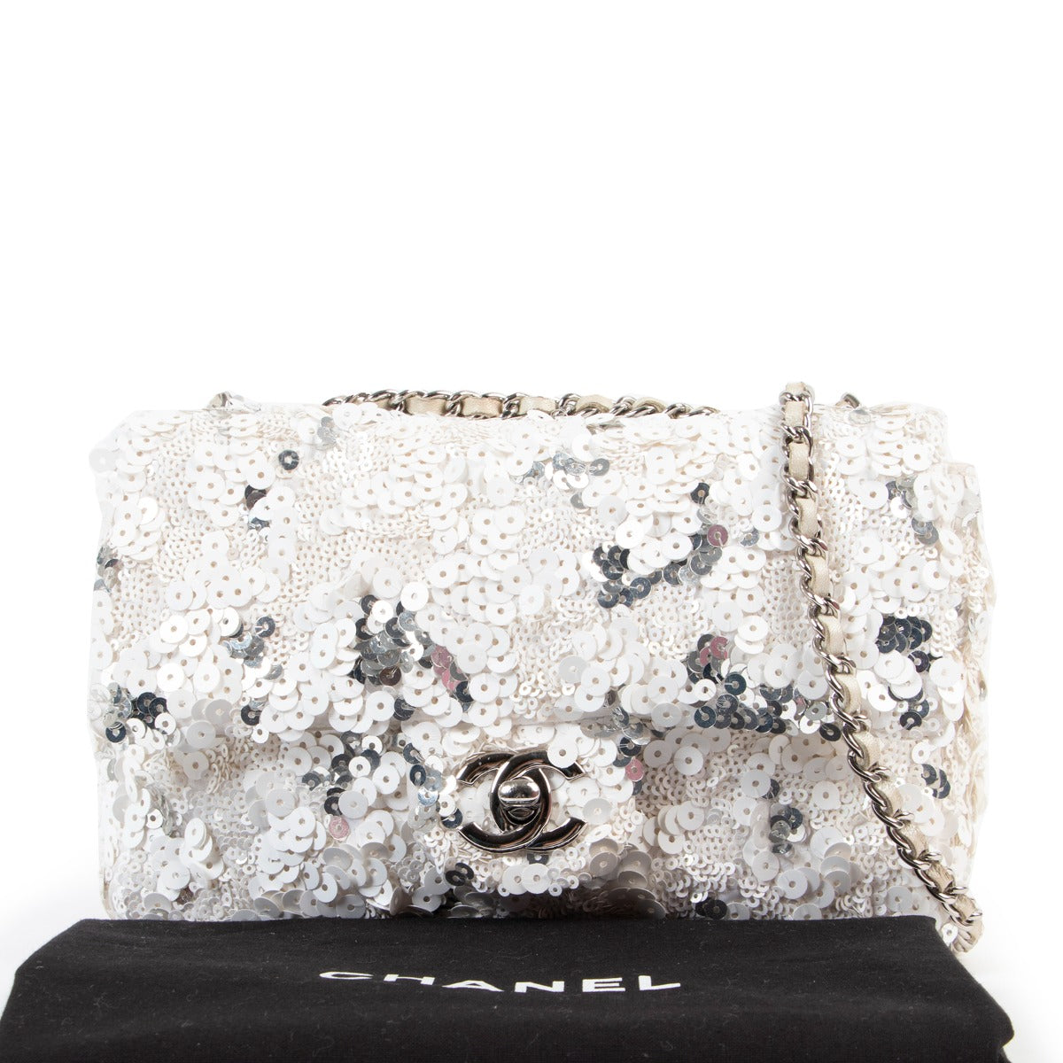 Shop authentic second hand luxury designer Chanel White Silver Sequin Mini Classic Flap Bag at Labellov.