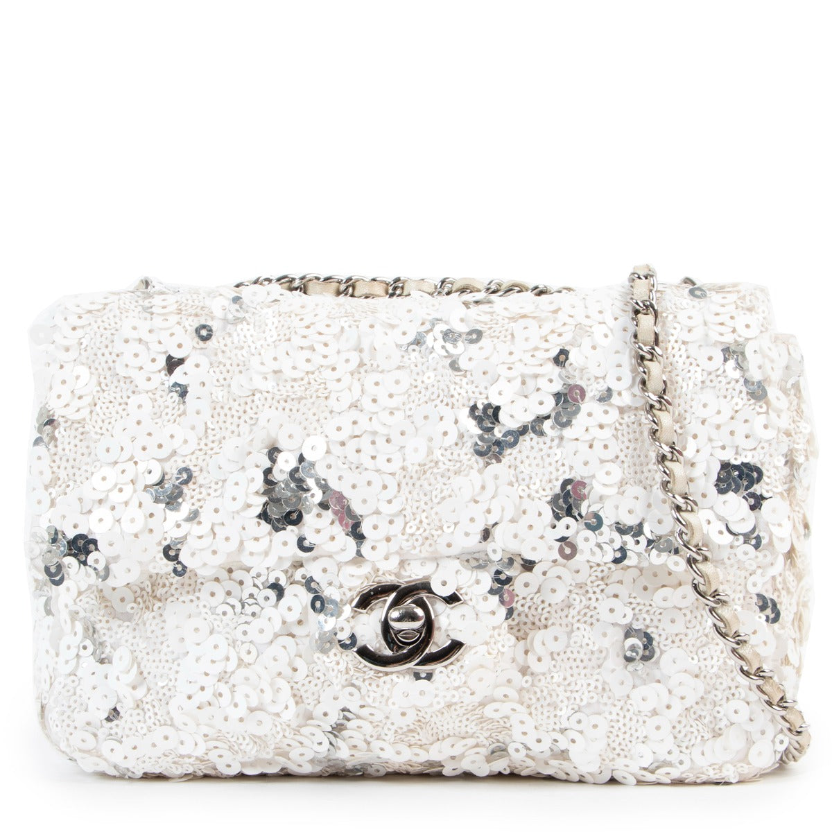 Shop authentic second hand luxury designer Chanel White Silver Sequin Mini Classic Flap Bag at Labellov.
