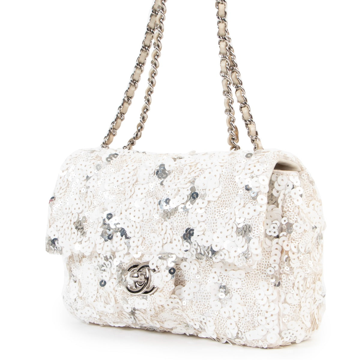 Shop authentic second hand luxury designer Chanel White Silver Sequin Mini Classic Flap Bag at Labellov.
