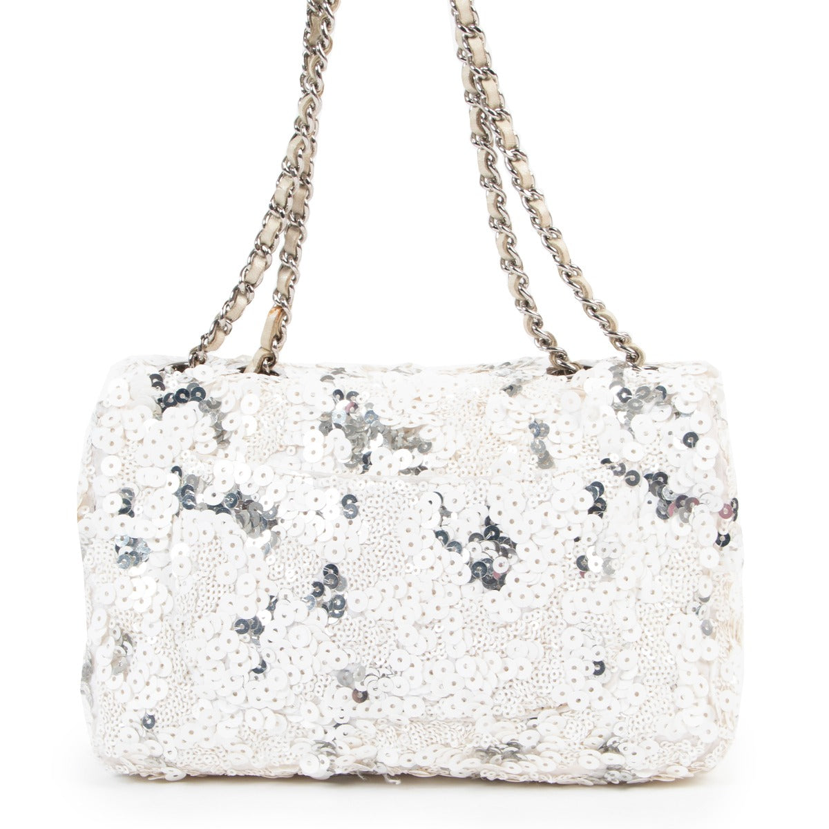 Shop authentic second hand luxury designer Chanel White Silver Sequin Mini Classic Flap Bag at Labellov.