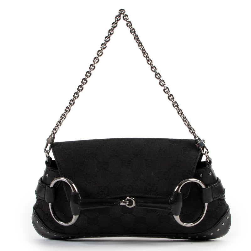 shop and sell vintage authentic Gucci Black GG Canvas Horsebit Clutch Shoulder Bag on Labellov.com