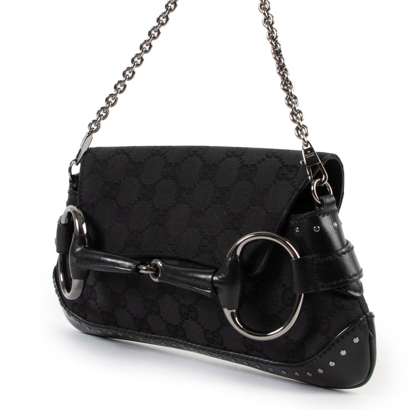shop and sell vintage authentic Gucci Black GG Canvas Horsebit Clutch Shoulder Bag on Labellov.com