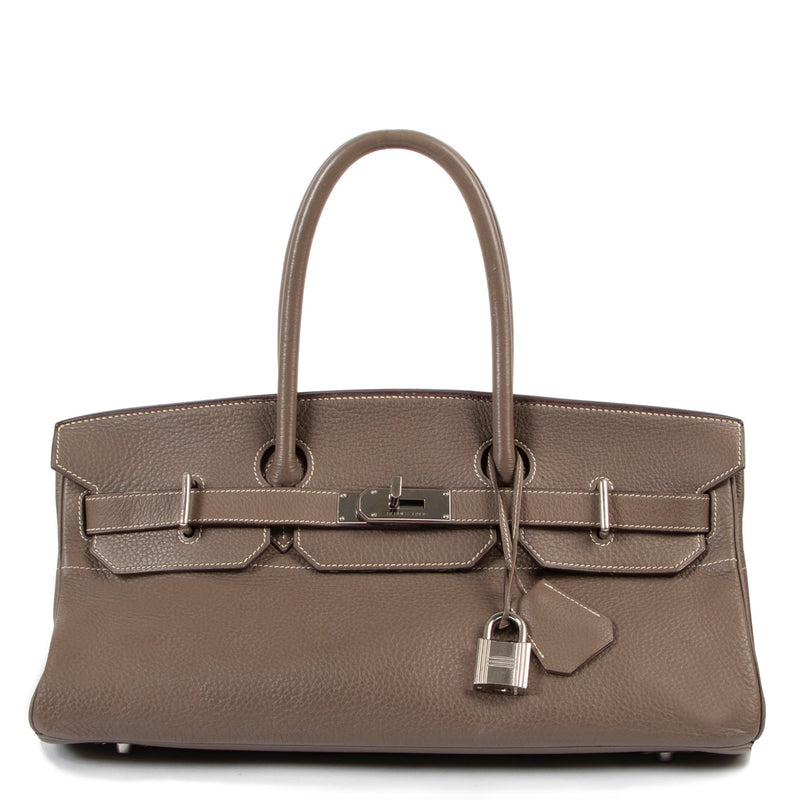 Buy an authentic second hand Hermès JPG Birkin Shoulder bag 40 Taurillon Clemence Etoupe PHW at Labellov