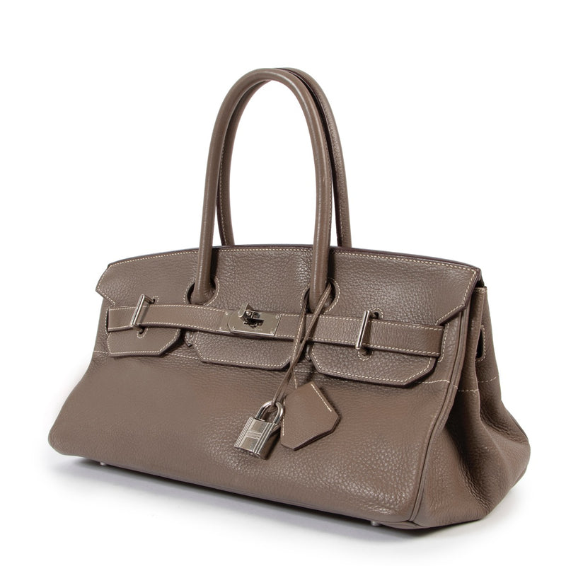 Buy an authentic second hand Hermès JPG Birkin Shoulder bag 40 Taurillon Clemence Etoupe PHW at Labellov