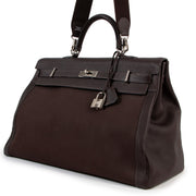 Hermès Kelly 50 Voyage Ebene Fjord Canvas Palladium Hardware