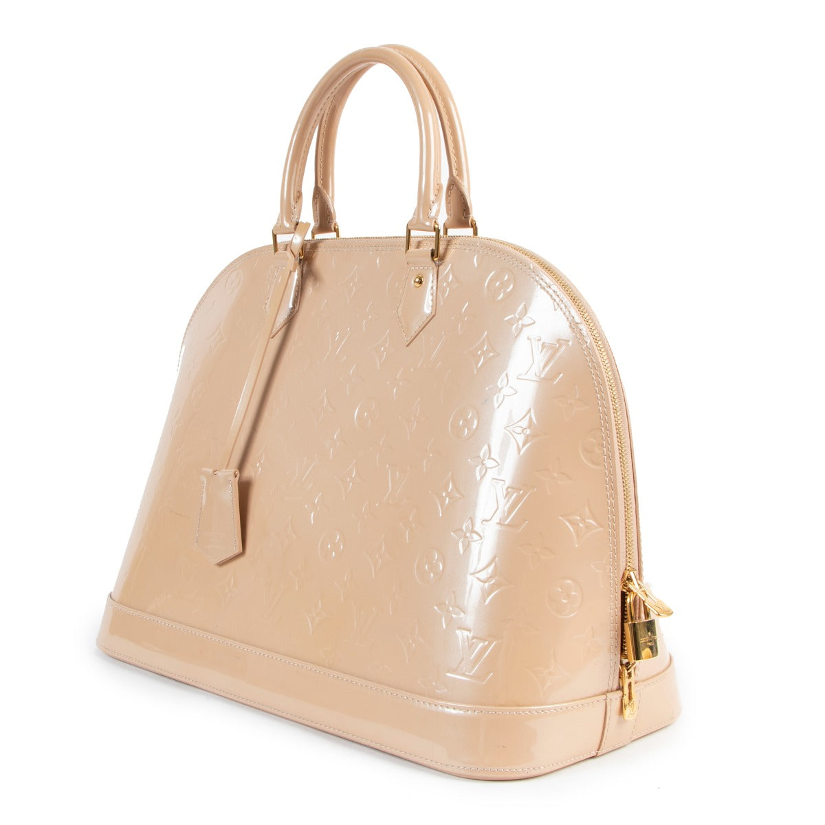 Buy authentic second hand Louis Vuitton Alma GM Monogram Vernis Blanc Corail in good condition at Labellov in Antwerp.