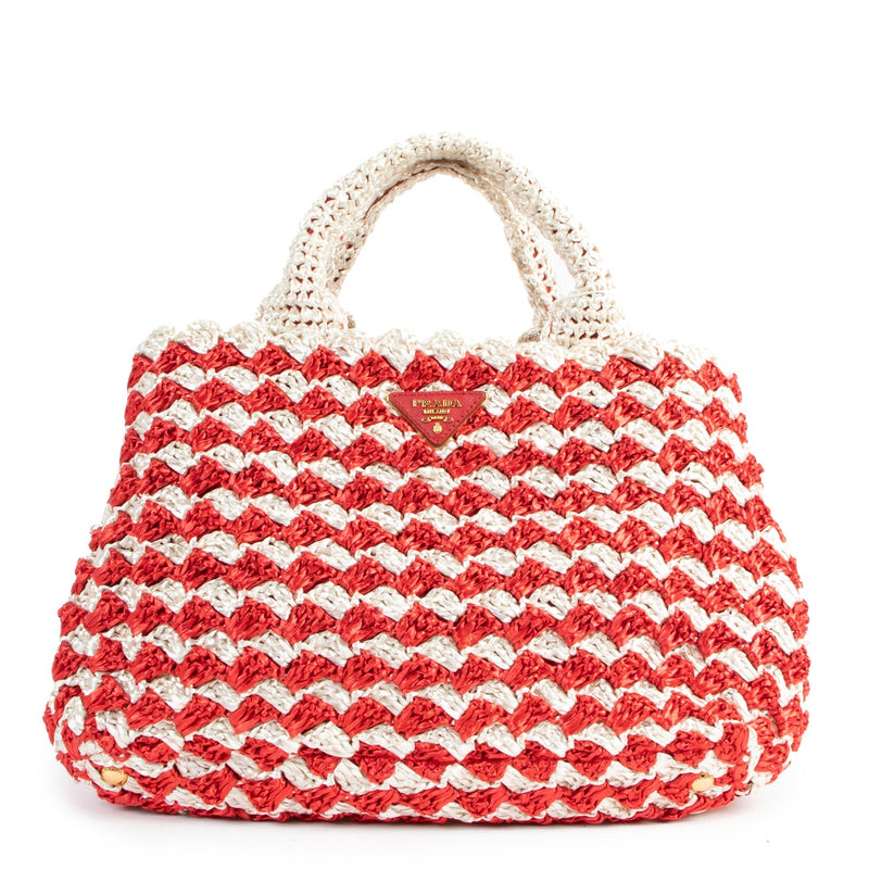 Prada Red Raffia Crochet Canapa Tote Bag
