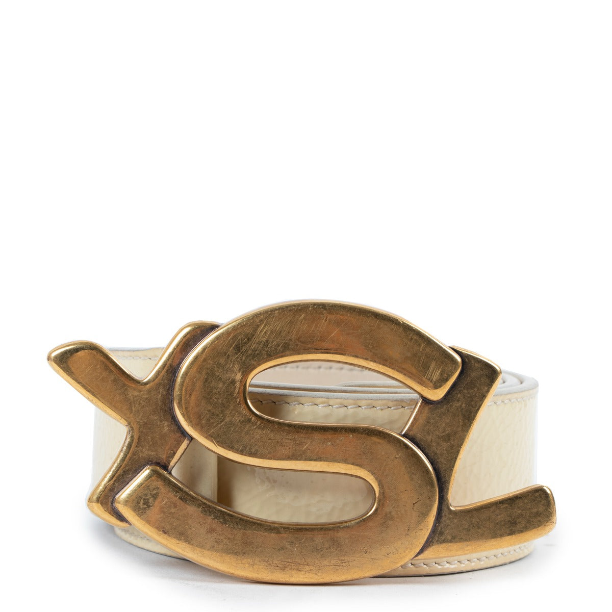 Yves Saint Laurent Vintage Logo Buckle Beige Patent Leather Belt