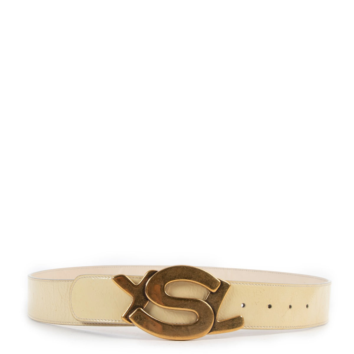 Yves Saint Laurent Vintage Logo Buckle Beige Patent Leather Belt