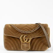 Shop safe online at Labellov in Antwerp, Brussels and Knokke this 100% authentic second hand Gucci Brown Velvet Marmont Crossbody