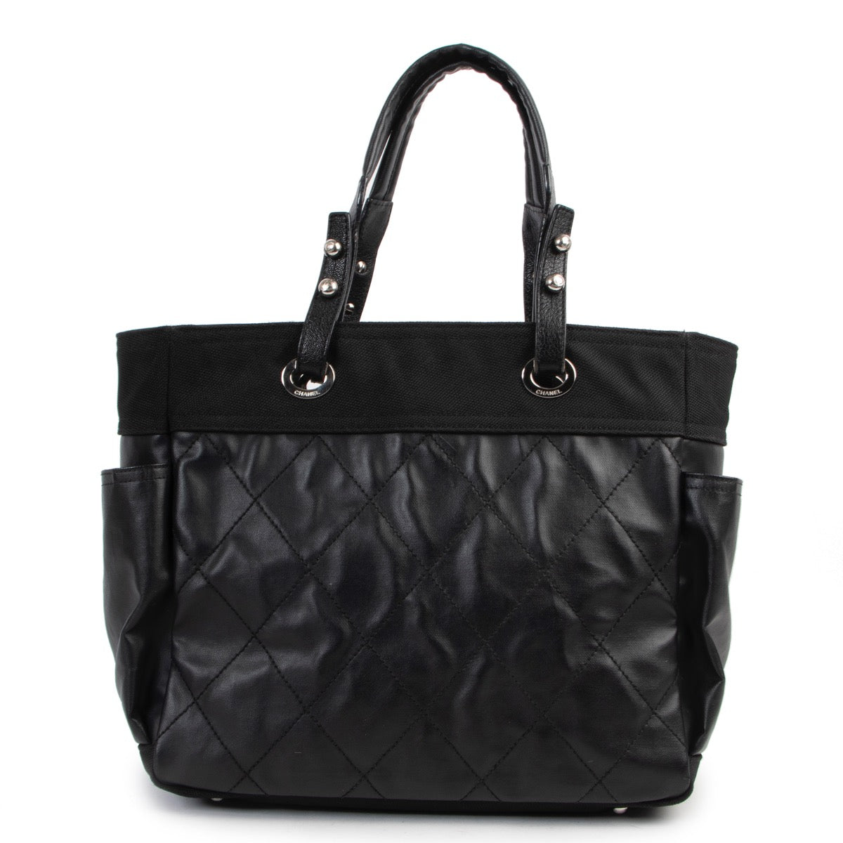 Shop safe online 100% authentic second hand Chanel Black Quilted Paris Biarritz Shopping Tote Bag in very good condition at Labellov in Antwerp.